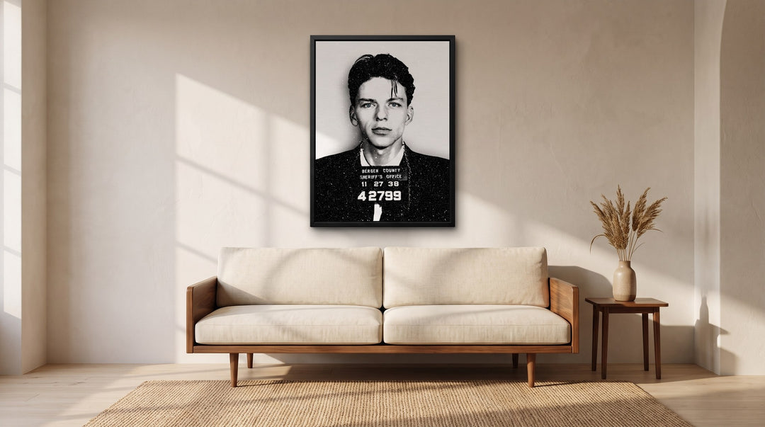 Frank Sinatra 1938 mugshot canvas hanging above a sofa in a living room