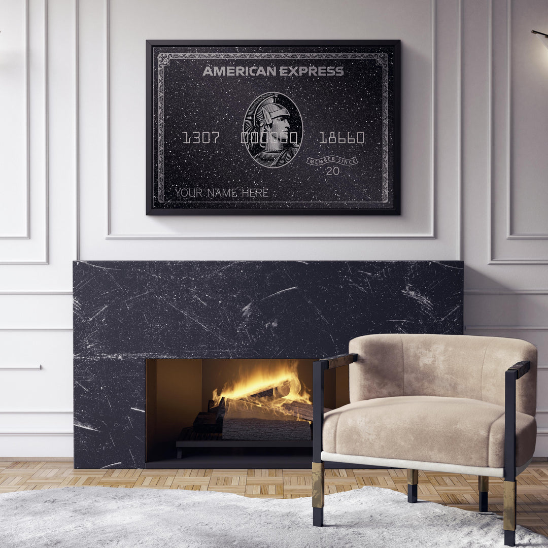 Custom AMEX Diamond Dusted hanging above fire place in a house 